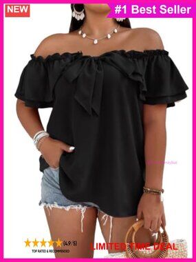 Plus Size Off Shoulder Ruffle Blouse Short Sleeve Knot Front Top